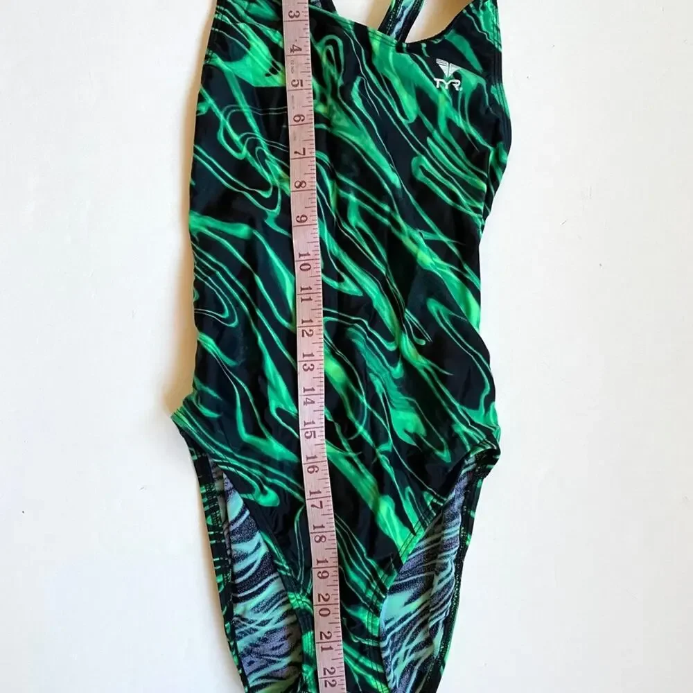 TYR Black~Green Competition Tank Swimsuit SUPER‎ CLEAN COND.